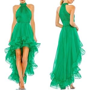 NEW Ieena MAC DUGGAL Green RUFFLE Tiered HIGH LOW Pleated HALTER NECK GOWN 6